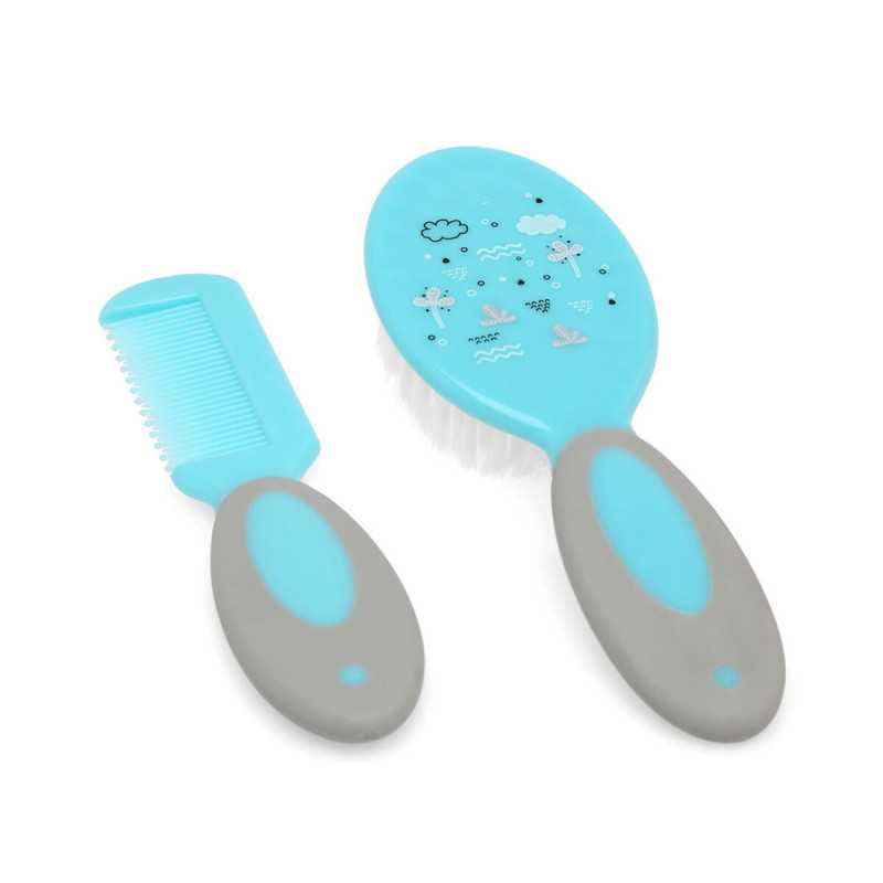 set de cepillo y peine para bebe rosa y gris ,suaves y ergonomicos