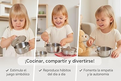 niña jugando con cocina metal