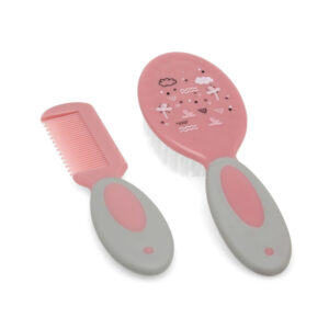 set de cepillo y peine para bebe rosa y gris ,suaves y ergonomicos