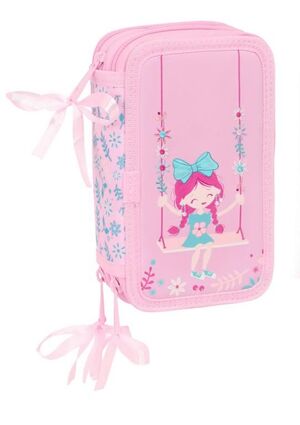 estuche triple niÑa en columpio rosa